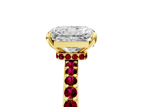 Yellow gold Radiant Cut Diamond Pavé Engagement Ring with Round with Garnet side stone Accents and Prong Setting_5