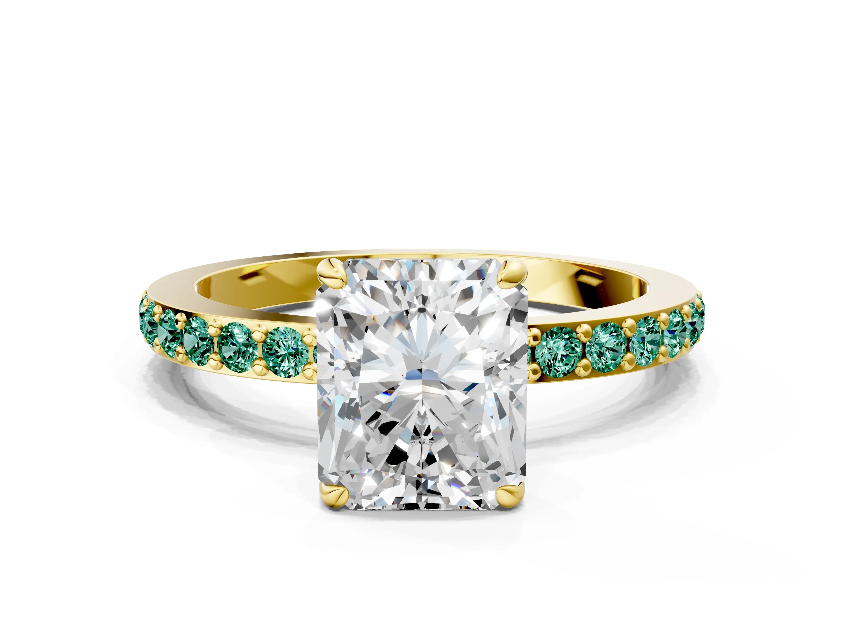 Yellow gold Radiant Cut Diamond Pavé Engagement Ring with Round with Green Sapphire side stone Accents and Prong Setting