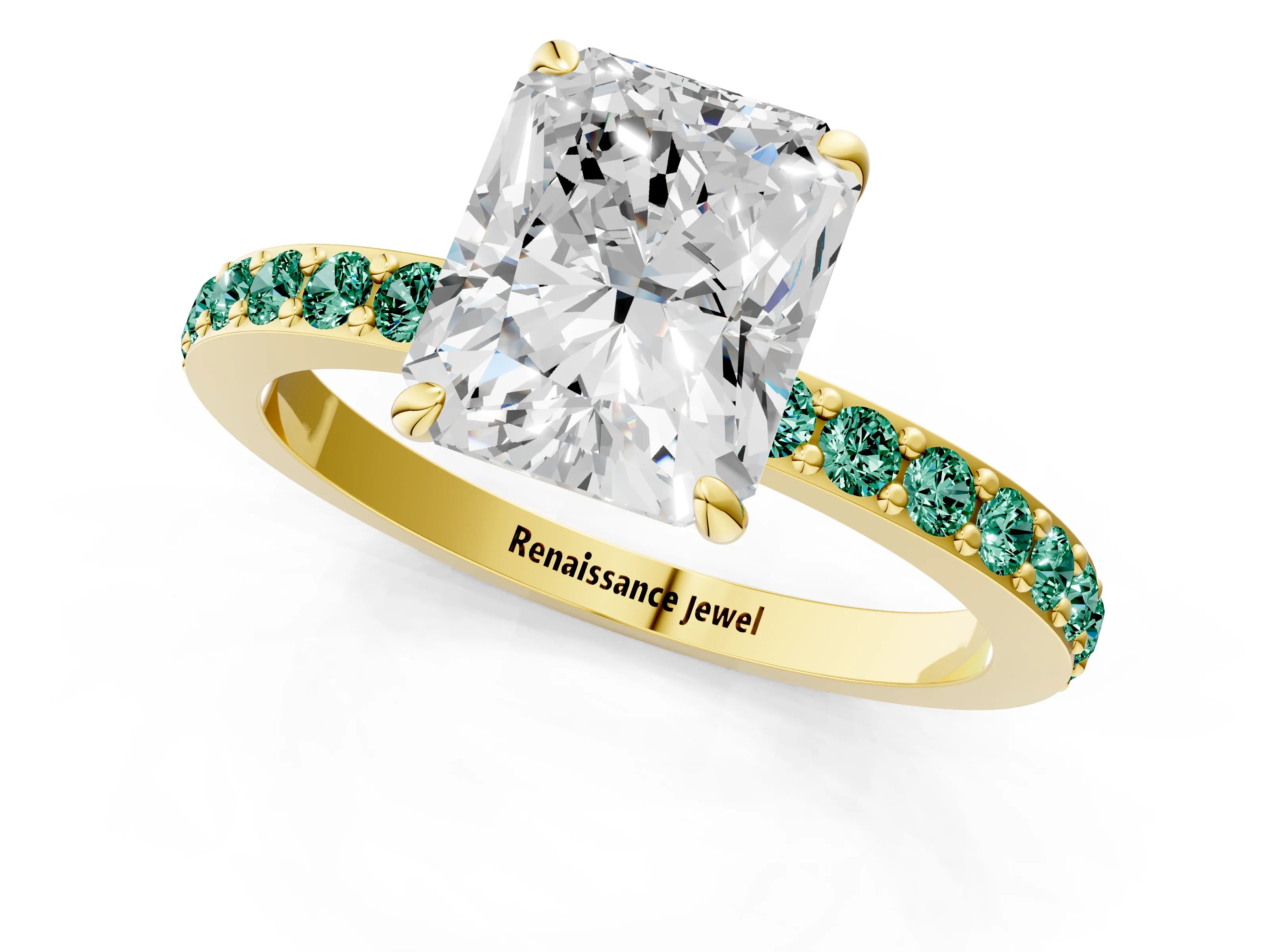 Yellow gold Radiant Cut Diamond Pavé Engagement Ring with Round with Green Sapphire side stone Accents and Prong Setting_1