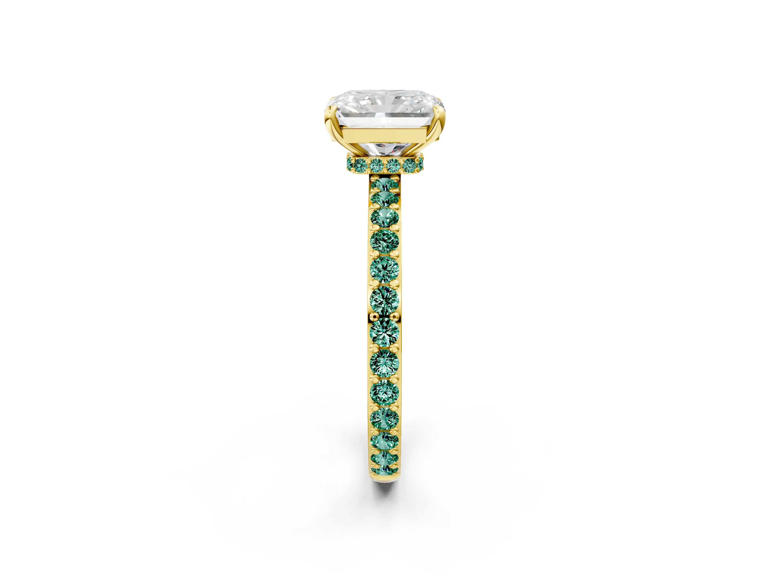 Yellow gold Radiant Cut Diamond Pavé Engagement Ring with Round with Green Sapphire side stone Accents and Prong Setting_2
