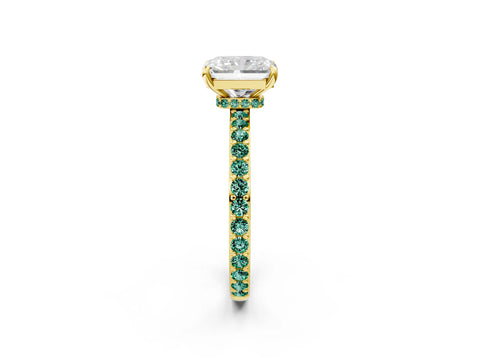 Yellow gold Radiant Cut Diamond Pavé Engagement Ring with Round with Green Sapphire side stone Accents and Prong Setting_2