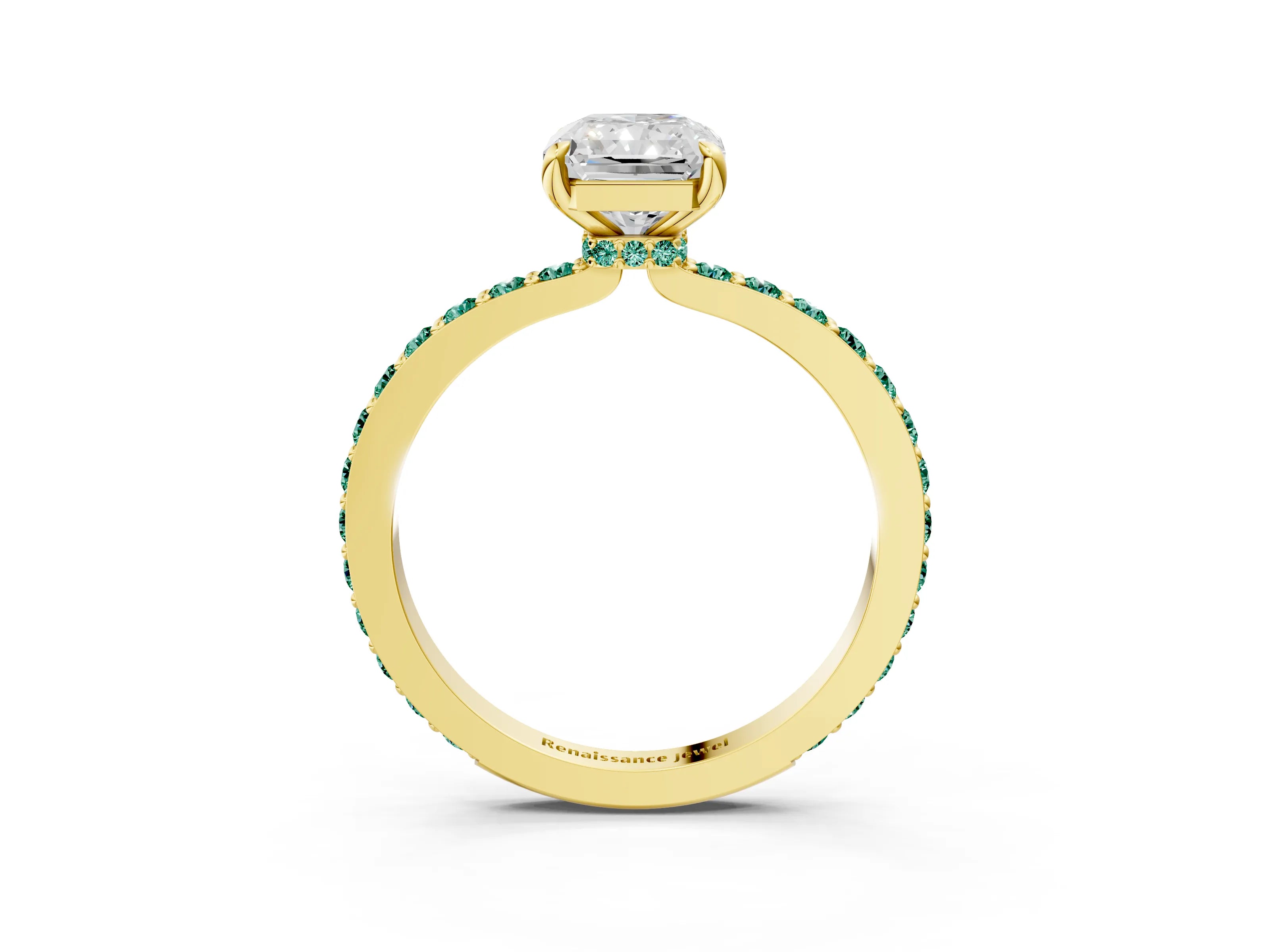 Yellow gold Radiant Cut Diamond Pavé Engagement Ring with Round with Green Sapphire side stone Accents and Prong Setting_3