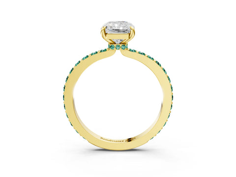 Yellow gold Radiant Cut Diamond Pavé Engagement Ring with Round with Green Sapphire side stone Accents and Prong Setting_3