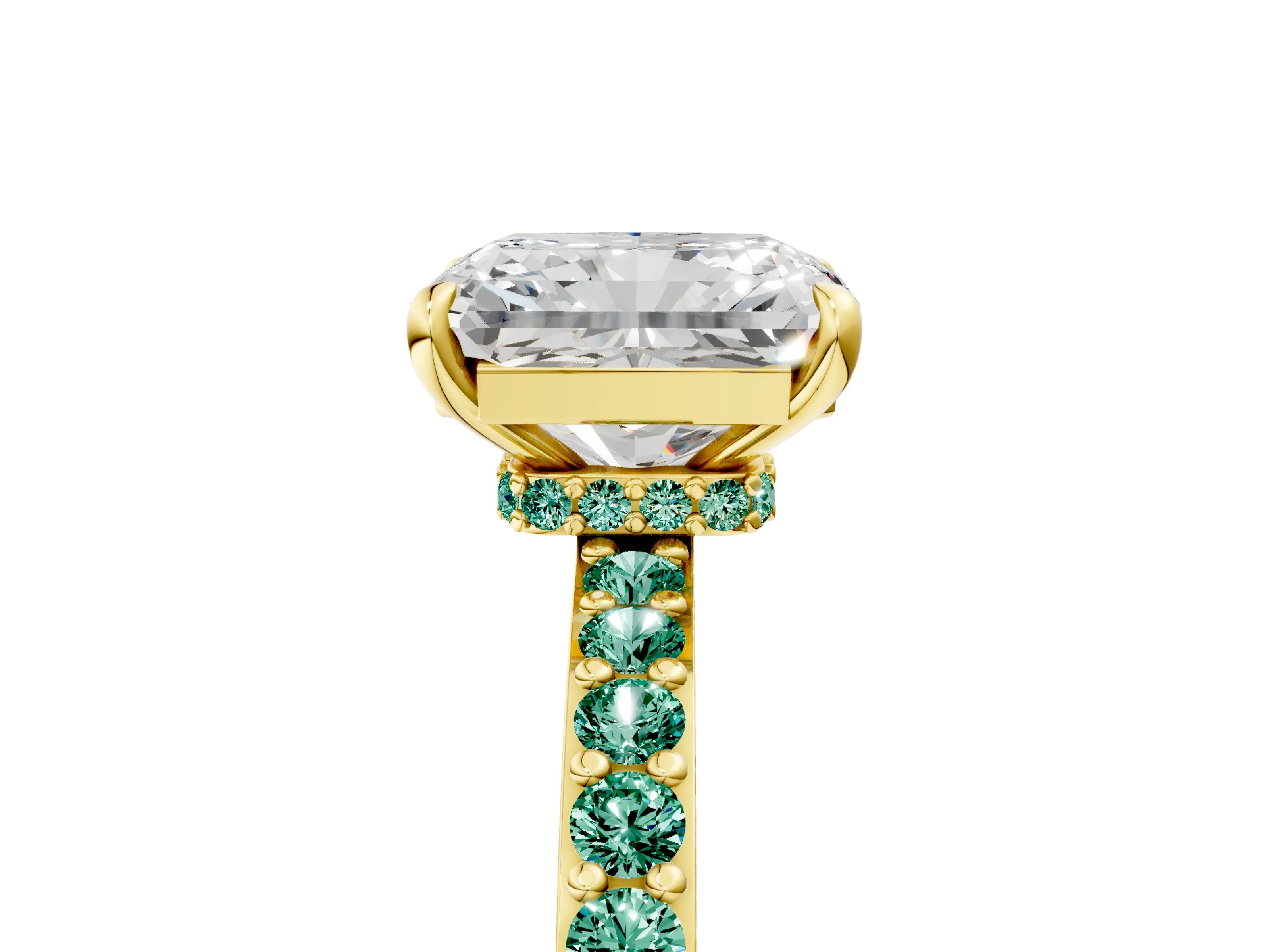 Yellow gold Radiant Cut Diamond Pavé Engagement Ring with Round with Green Sapphire side stone Accents and Prong Setting_5