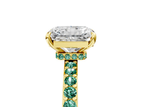 Yellow gold Radiant Cut Diamond Pavé Engagement Ring with Round with Green Sapphire side stone Accents and Prong Setting_5