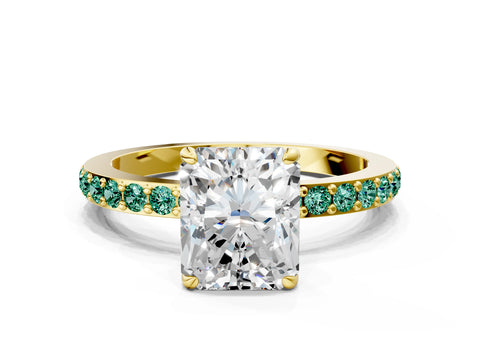 Yellow gold Radiant Cut Diamond Pavé Engagement Ring with Round with Green Sapphire side stone Accents and Prong Setting
