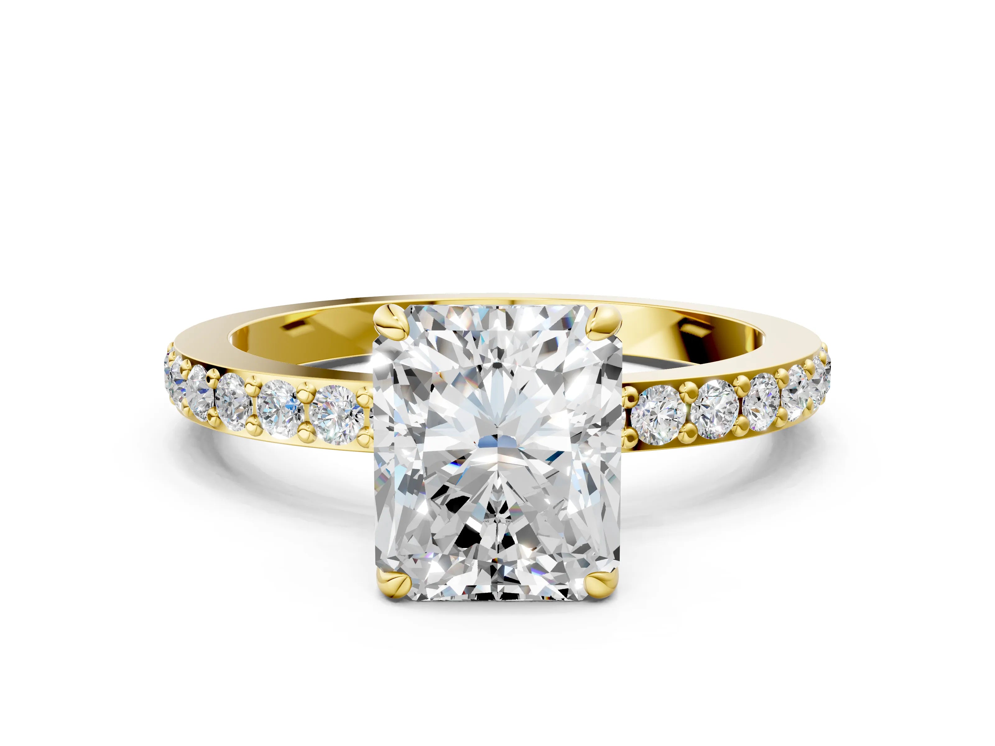 Yellow gold Radiant Cut Diamond Pavé Engagement Ring with Round with Moissanite side stone Accents and Prong Setting