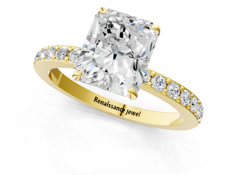 Yellow gold Radiant Cut Diamond Pavé Engagement Ring with Round with Moissanite side stone Accents and Prong Setting_1