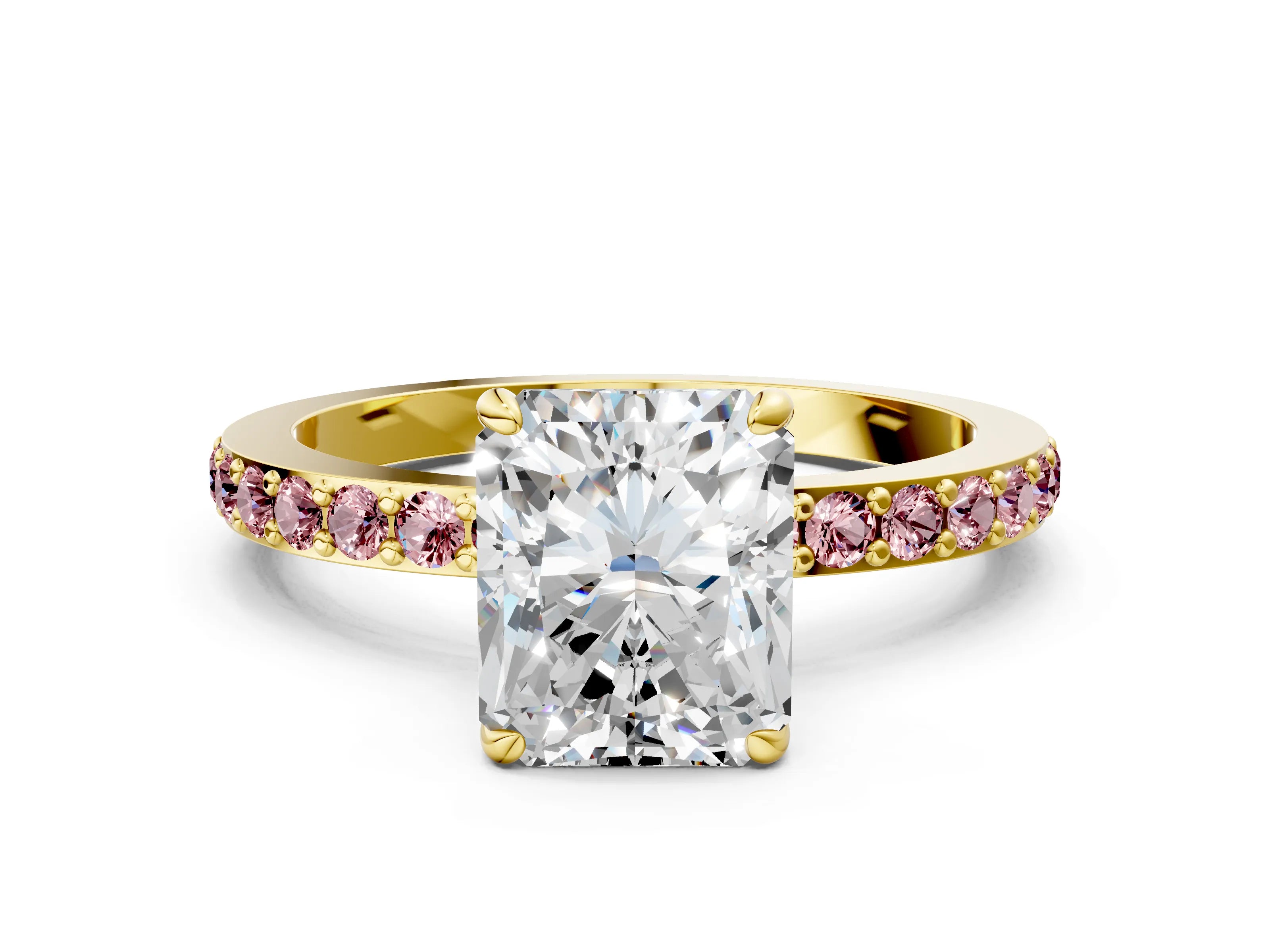 Yellow gold Radiant Cut Diamond Pavé Engagement Ring with Round with Morganite side stone Accents and Prong Setting