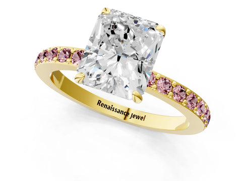 Yellow gold Radiant Cut Diamond Pavé Engagement Ring with Round with Morganite side stone Accents and Prong Setting_1