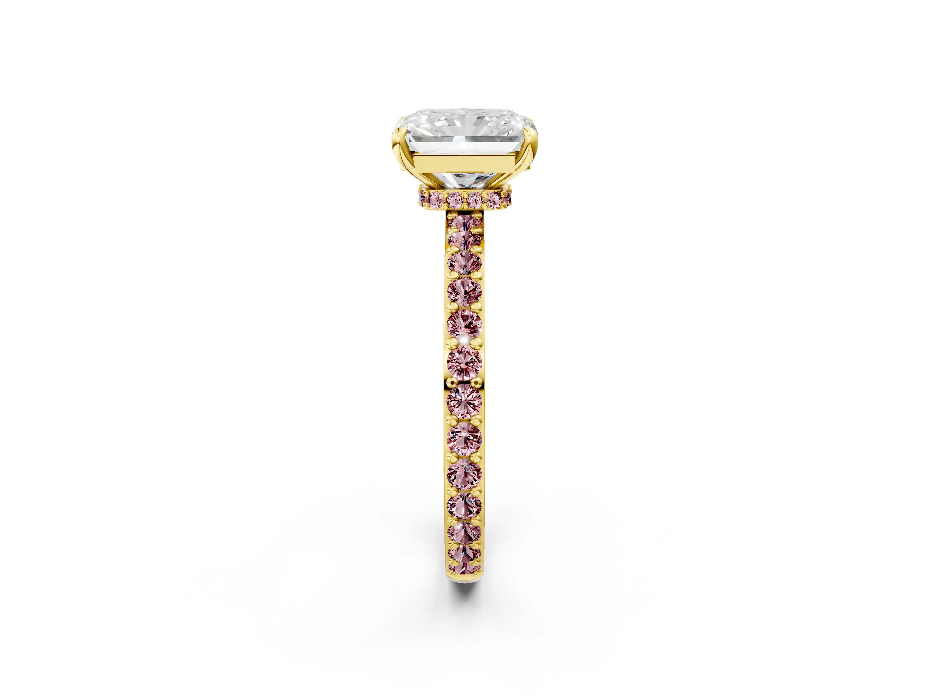 Yellow gold Radiant Cut Diamond Pavé Engagement Ring with Round with Morganite side stone Accents and Prong Setting_2
