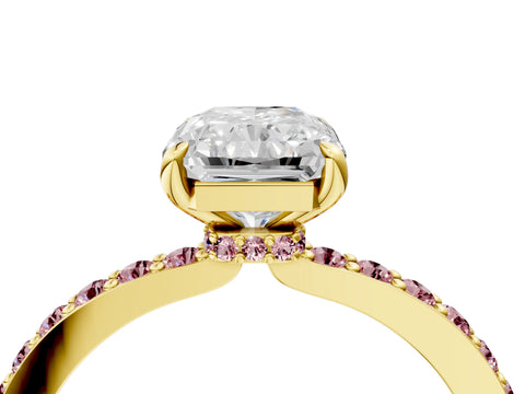 Yellow gold Radiant Cut Diamond Pavé Engagement Ring with Round with Morganite side stone Accents and Prong Setting_4