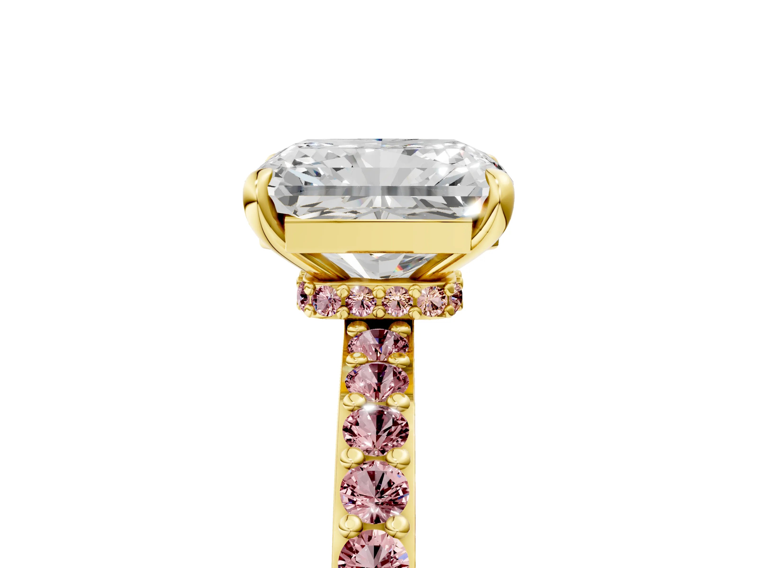 Yellow gold Radiant Cut Diamond Pavé Engagement Ring with Round with Morganite side stone Accents and Prong Setting_5