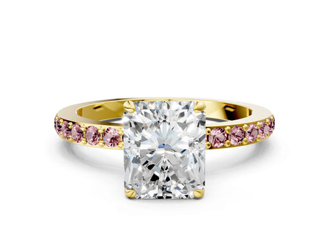 Yellow gold Radiant Cut Diamond Pavé Engagement Ring with Round with Morganite side stone Accents and Prong Setting