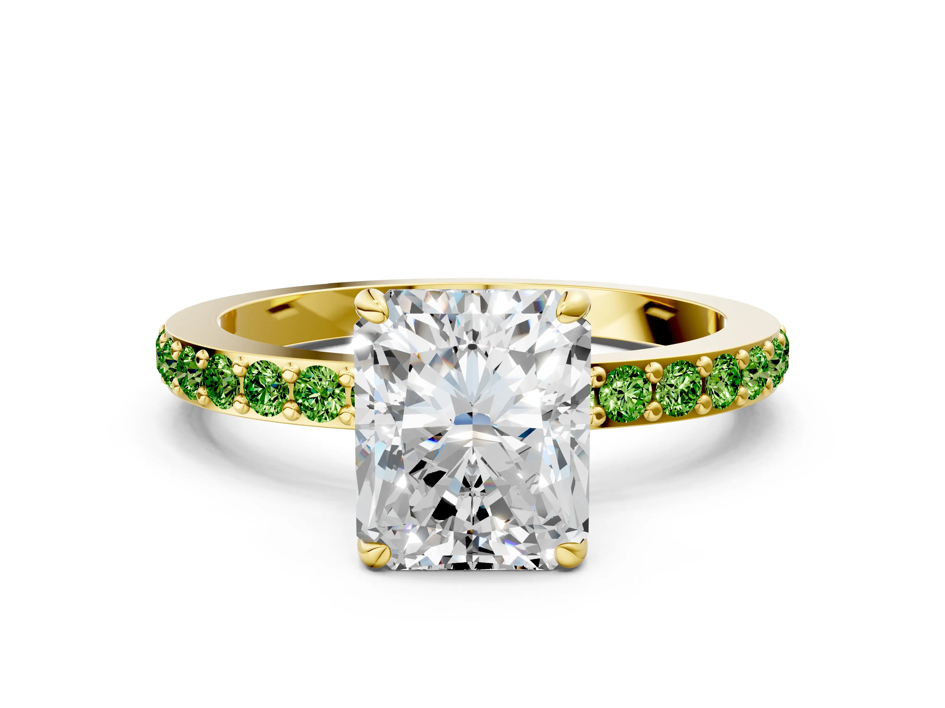 Yellow gold Radiant Cut Diamond Pavé Engagement Ring with Round with Peridot side stone Accents and Prong Setting