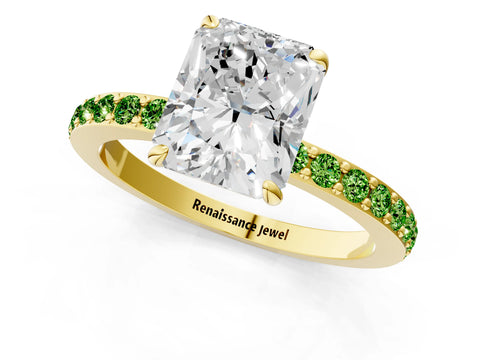 Yellow gold Radiant Cut Diamond Pavé Engagement Ring with Round with Peridot side stone Accents and Prong Setting_1