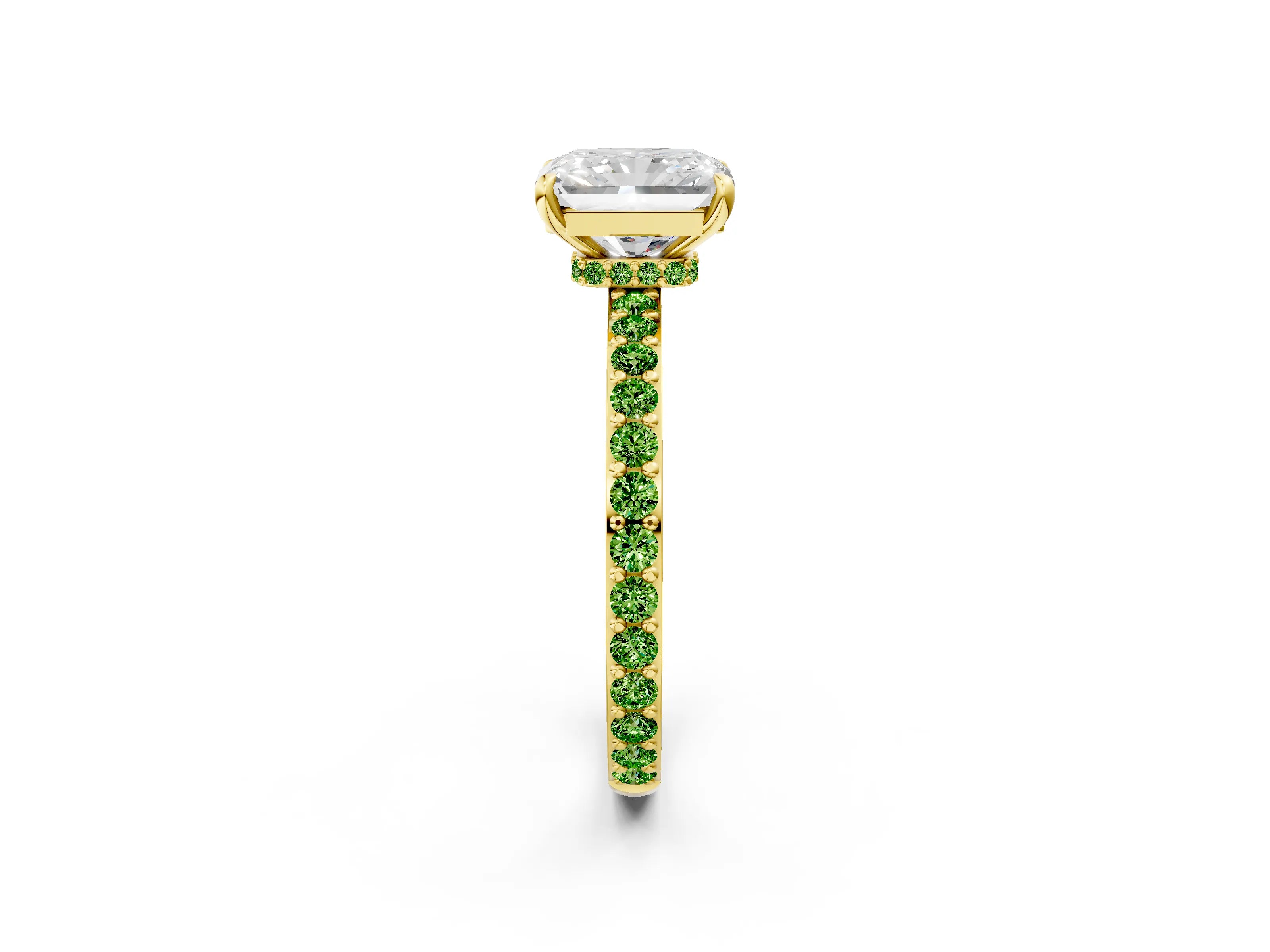 Yellow gold Radiant Cut Diamond Pavé Engagement Ring with Round with Peridot side stone Accents and Prong Setting_2