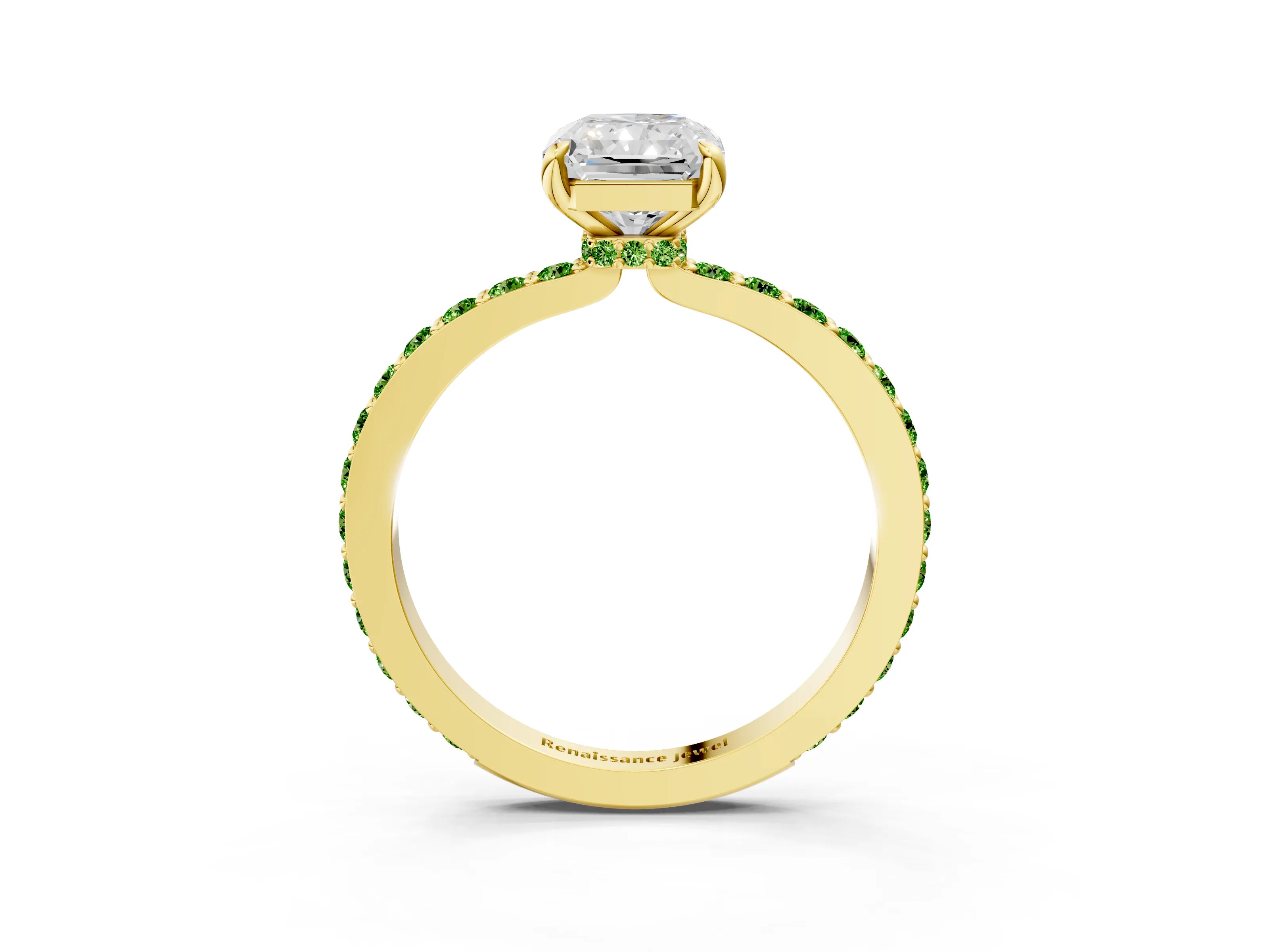 Yellow gold Radiant Cut Diamond Pavé Engagement Ring with Round with Peridot side stone Accents and Prong Setting_3