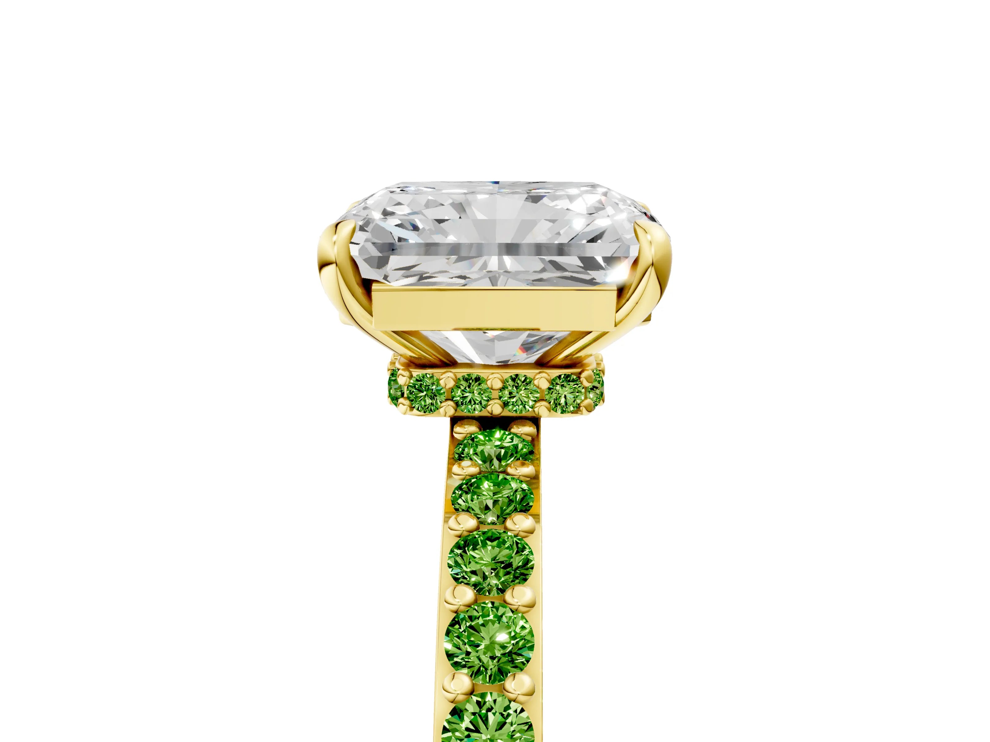 Yellow gold Radiant Cut Diamond Pavé Engagement Ring with Round with Peridot side stone Accents and Prong Setting_5