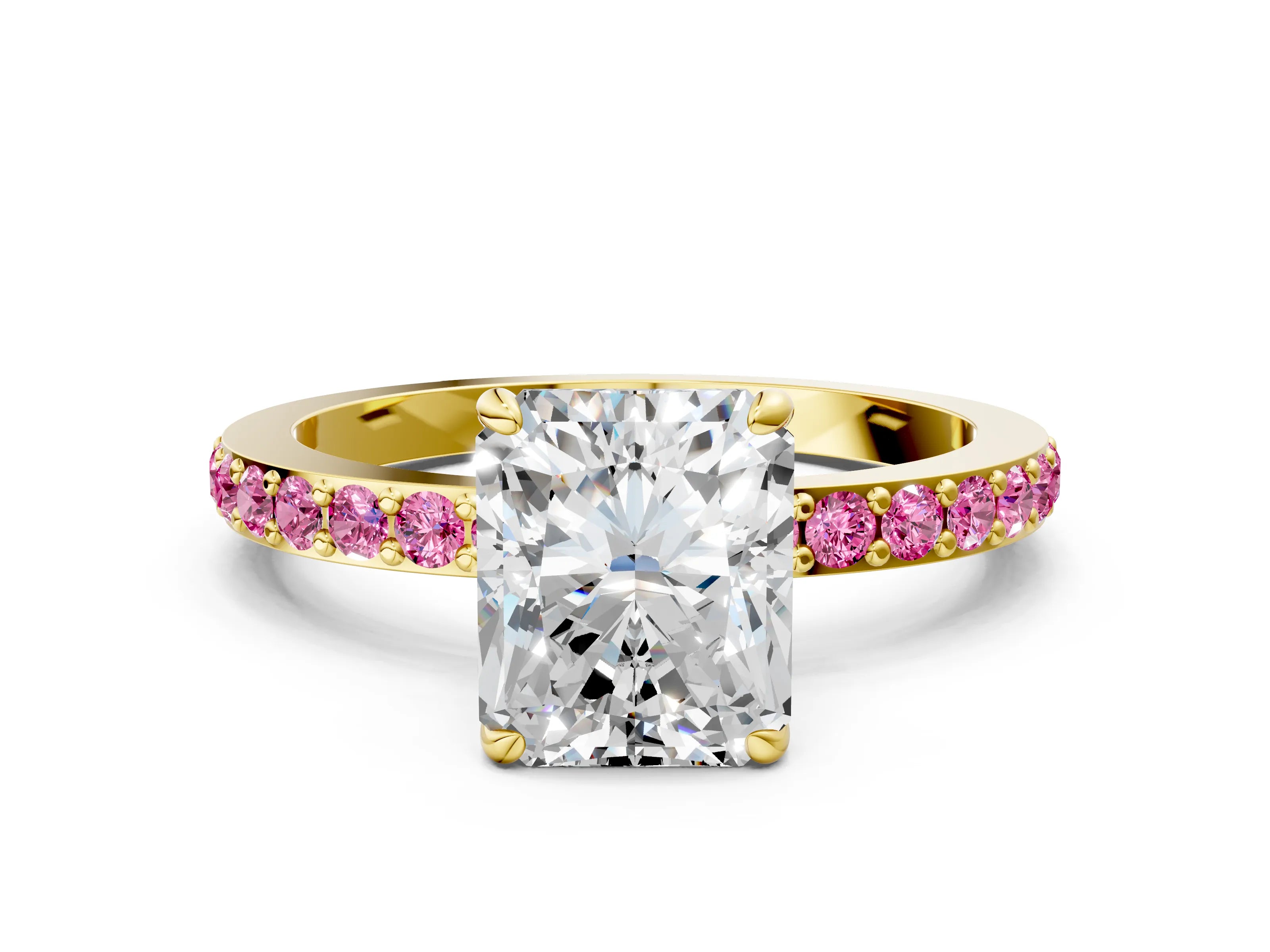 Yellow gold Radiant Cut Diamond Pavé Engagement Ring with Round with Pink Sapphire side stone Accents and Prong Setting