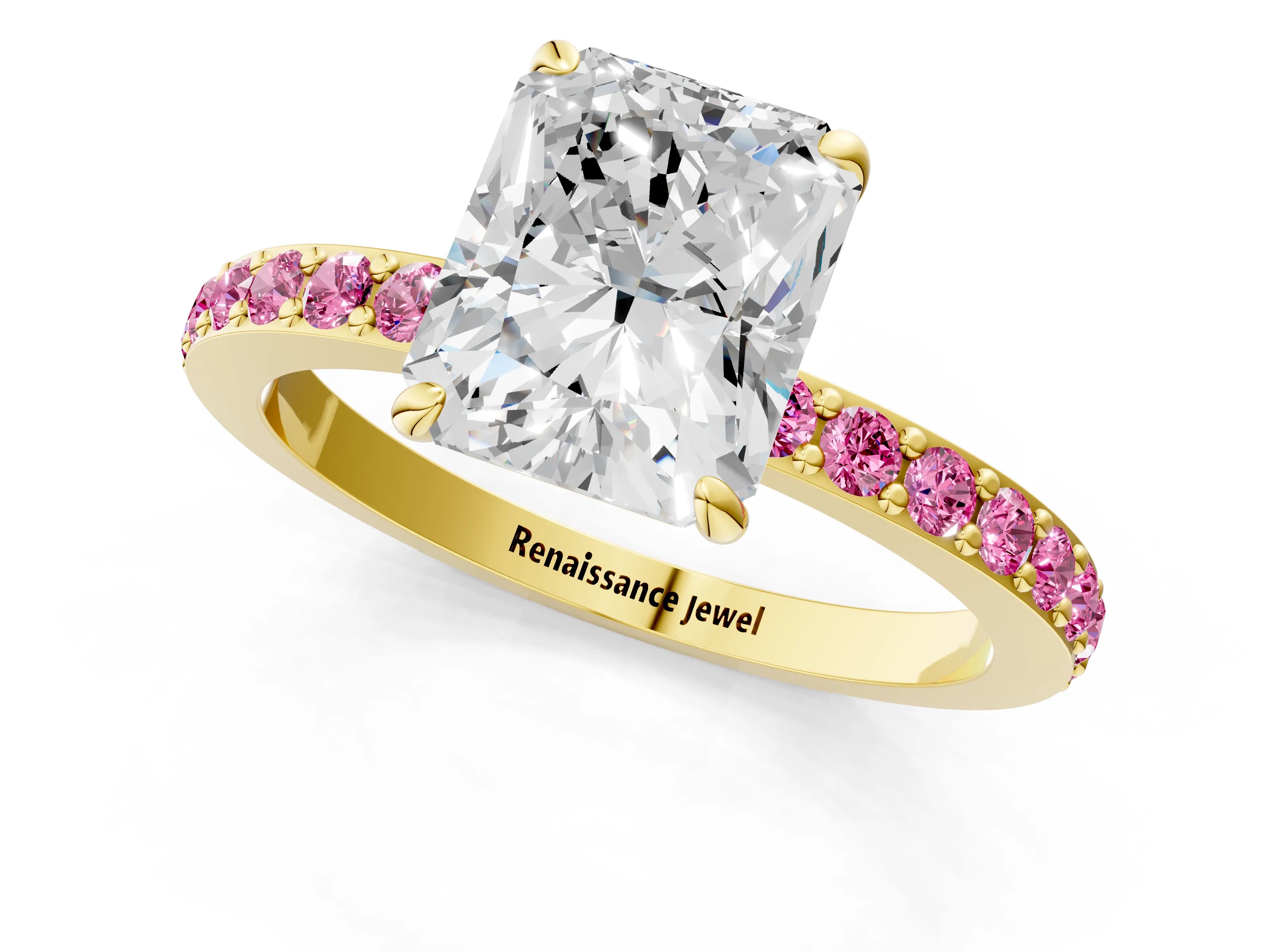 Yellow gold Radiant Cut Diamond Pavé Engagement Ring with Round with Pink Sapphire side stone Accents and Prong Setting_1