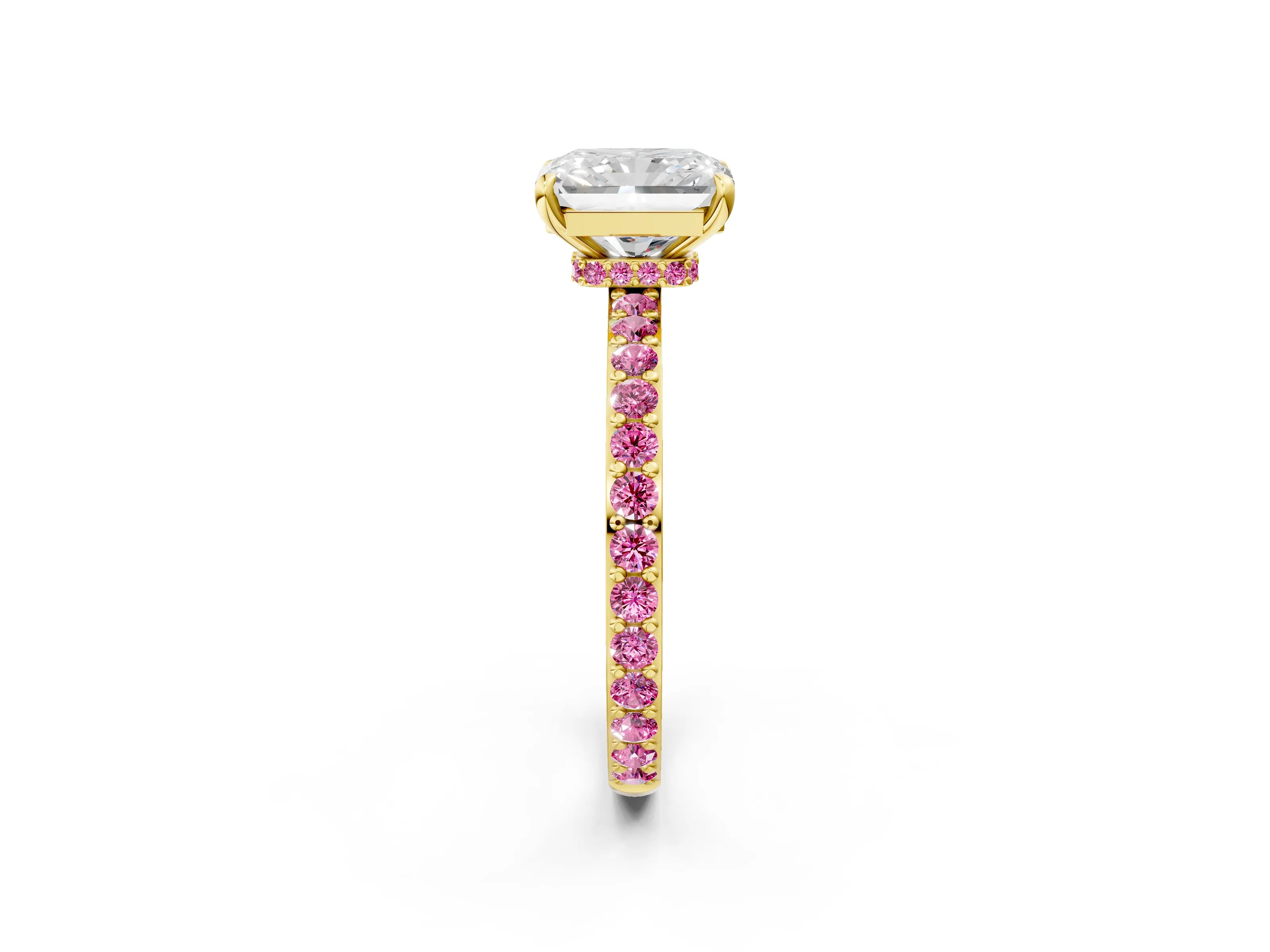 Yellow gold Radiant Cut Diamond Pavé Engagement Ring with Round with Pink Sapphire side stone Accents and Prong Setting_2