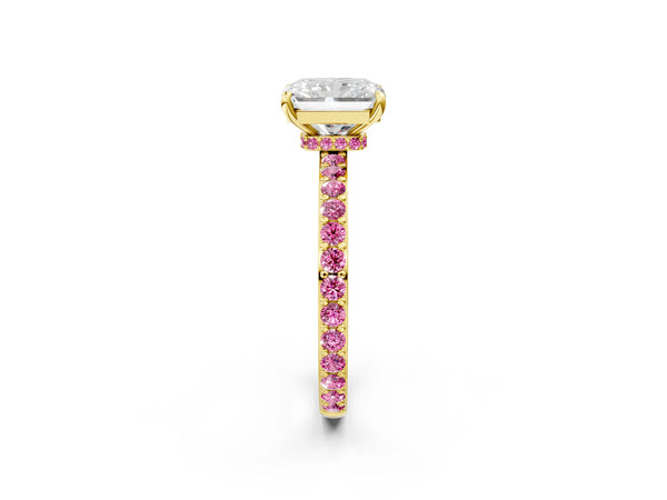 Yellow Gold Radiant Cut Hidden Halo Engagement Ring Setting with Lab-Grown Pink Sapphire Pave Band