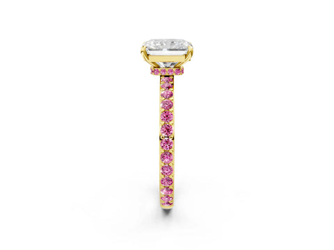 Yellow gold Radiant Cut Diamond Pavé Engagement Ring with Round with Pink Sapphire side stone Accents and Prong Setting_2