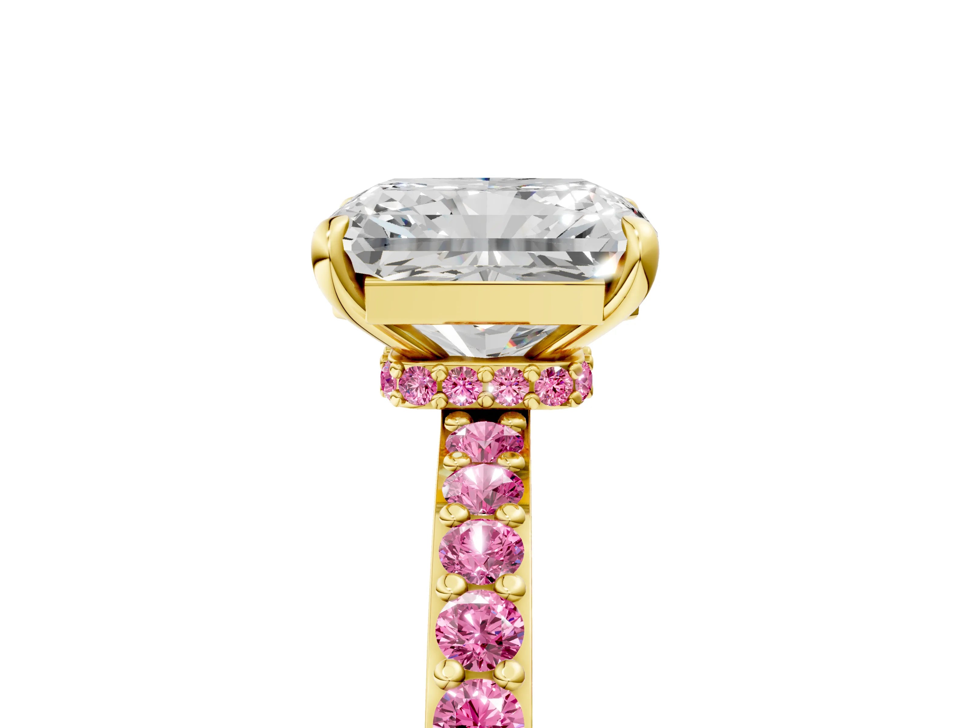 Yellow gold Radiant Cut Diamond Pavé Engagement Ring with Round with Pink Sapphire side stone Accents and Prong Setting_5
