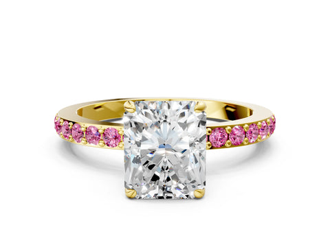 Yellow gold Radiant Cut Diamond Pavé Engagement Ring with Round with Pink Sapphire side stone Accents and Prong Setting