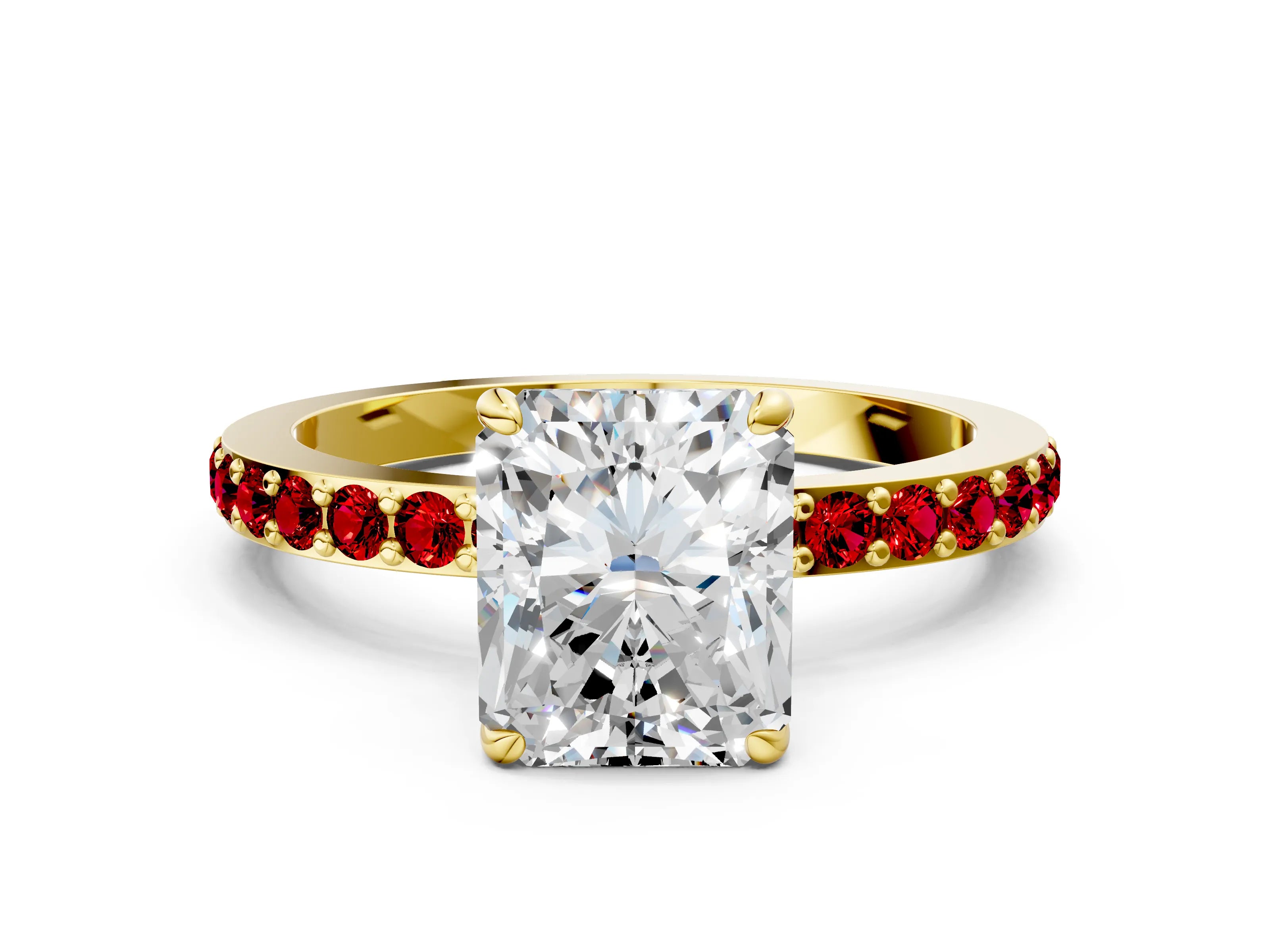 Yellow gold Radiant Cut Diamond Pavé Engagement Ring with Round with Ruby side stone Accents and Prong Setting