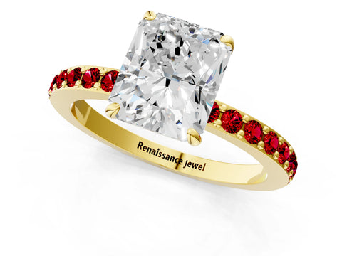 Yellow gold Radiant Cut Diamond Pavé Engagement Ring with Round with Ruby side stone Accents and Prong Setting_1