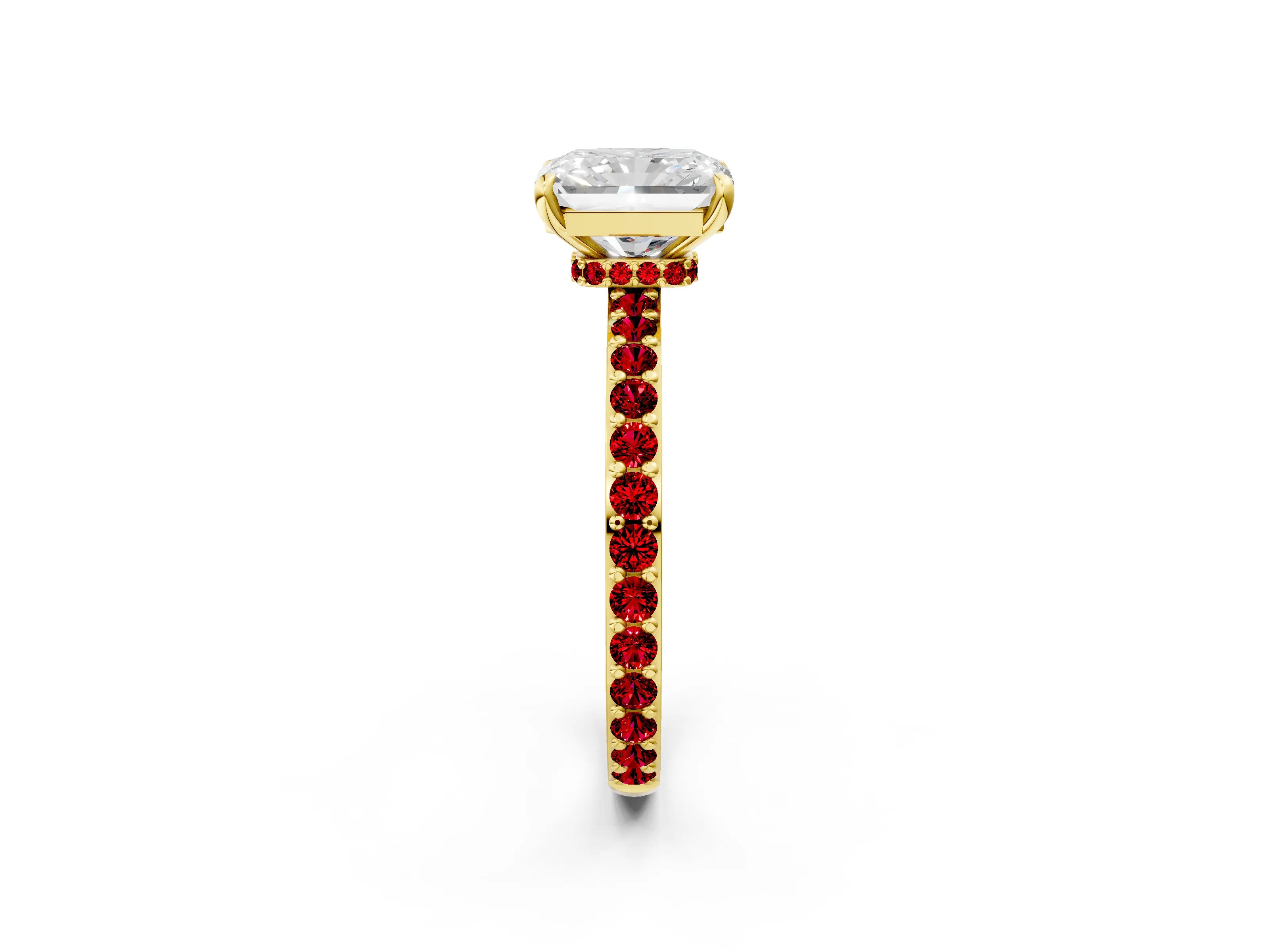 Yellow gold Radiant Cut Diamond Pavé Engagement Ring with Round with Ruby side stone Accents and Prong Setting_2