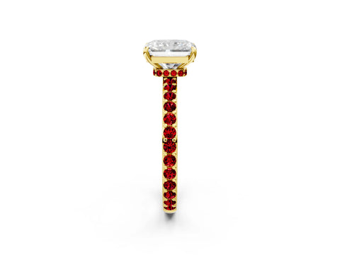 Yellow gold Radiant Cut Diamond Pavé Engagement Ring with Round with Ruby side stone Accents and Prong Setting_2