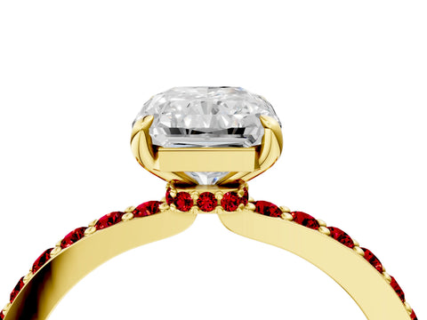 Yellow gold Radiant Cut Diamond Pavé Engagement Ring with Round with Ruby side stone Accents and Prong Setting_4