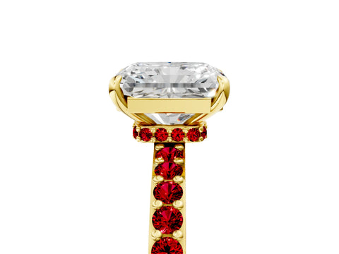 Yellow gold Radiant Cut Diamond Pavé Engagement Ring with Round with Ruby side stone Accents and Prong Setting_5