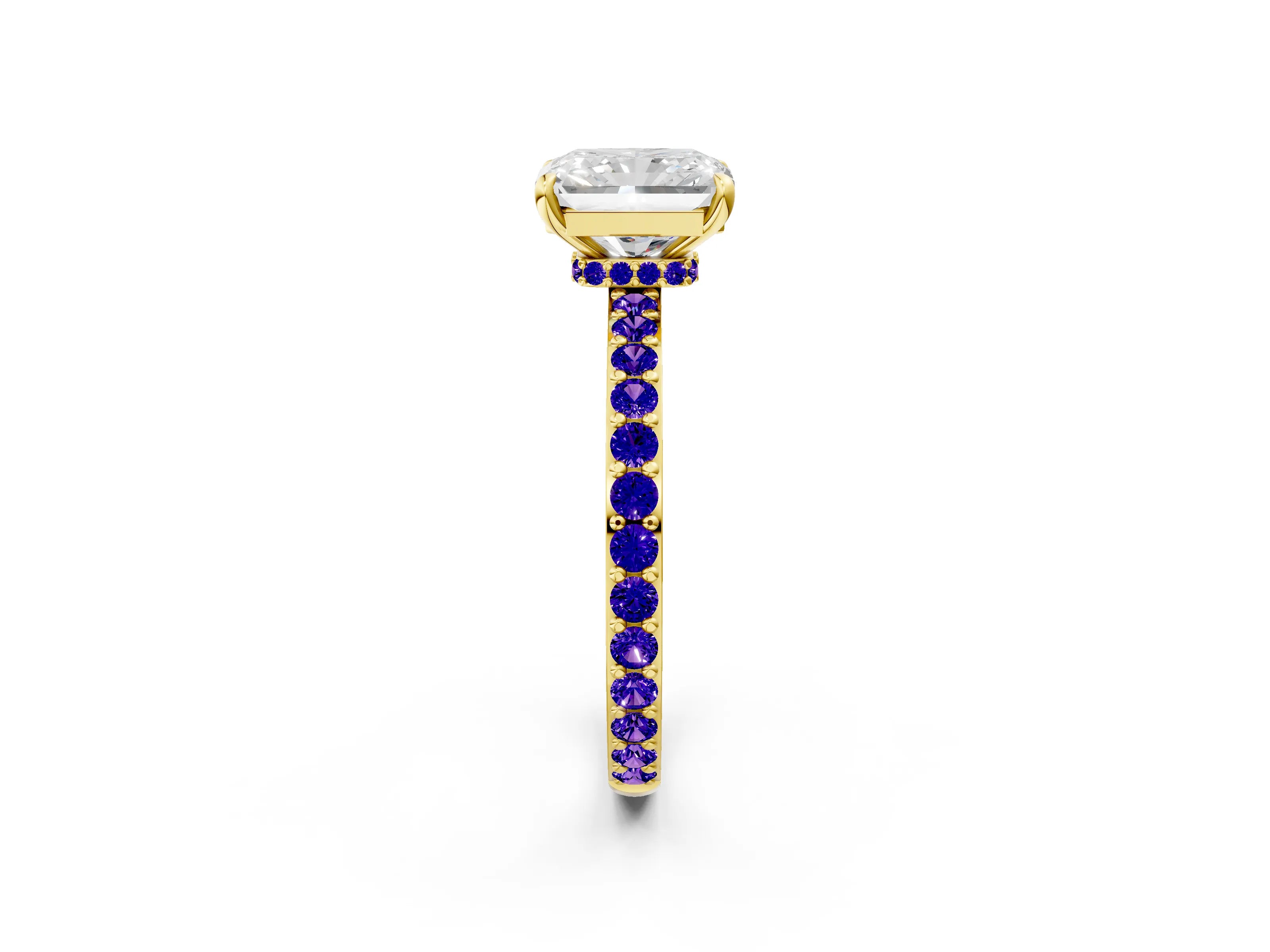 Yellow gold Radiant Cut Diamond Pavé Engagement Ring with Round with Tanzanite side stone Accents and Prong Setting_2