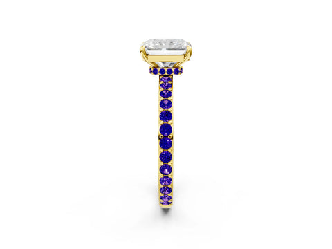 Yellow gold Radiant Cut Diamond Pavé Engagement Ring with Round with Tanzanite side stone Accents and Prong Setting_2