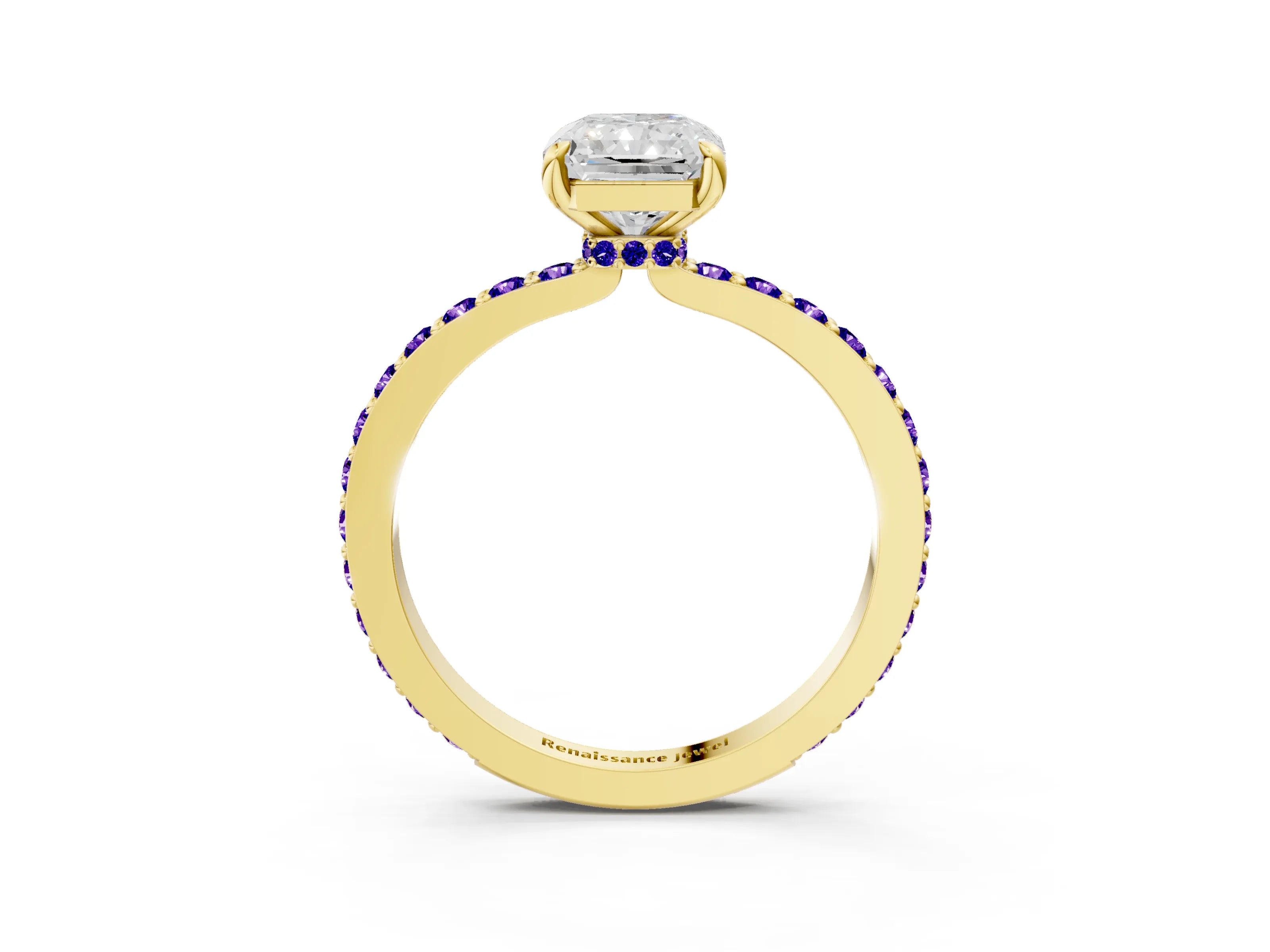 Yellow gold Radiant Cut Diamond Pavé Engagement Ring with Round with Tanzanite side stone Accents and Prong Setting_3