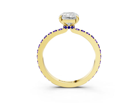 Yellow gold Radiant Cut Diamond Pavé Engagement Ring with Round with Tanzanite side stone Accents and Prong Setting_3