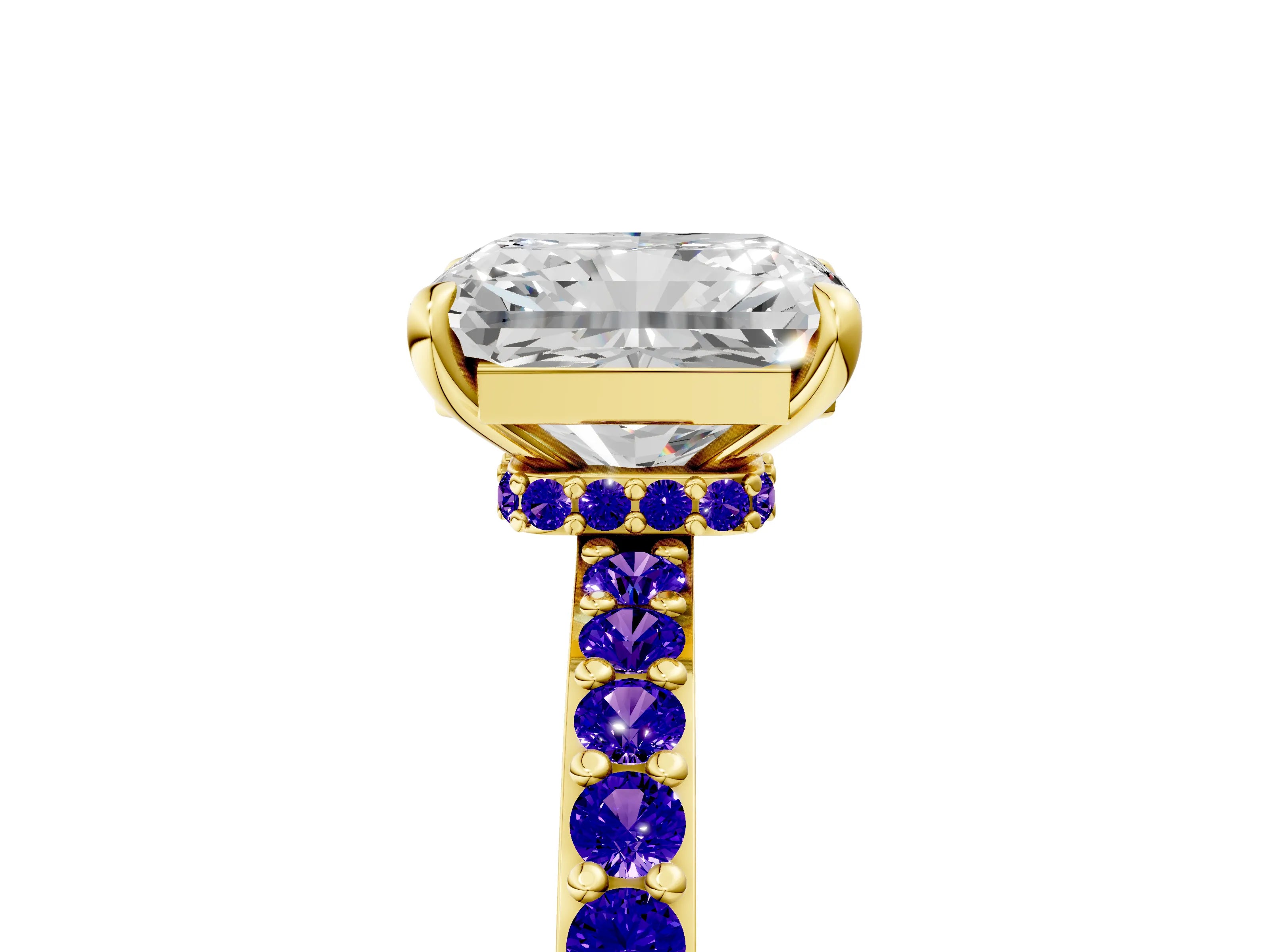 Yellow gold Radiant Cut Diamond Pavé Engagement Ring with Round with Tanzanite side stone Accents and Prong Setting_5