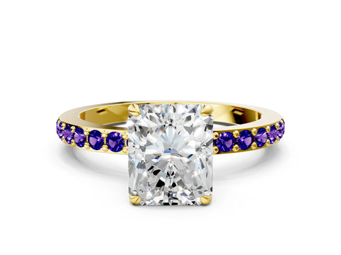 Yellow gold Radiant Cut Diamond Pavé Engagement Ring with Round with Tanzanite side stone Accents and Prong Setting