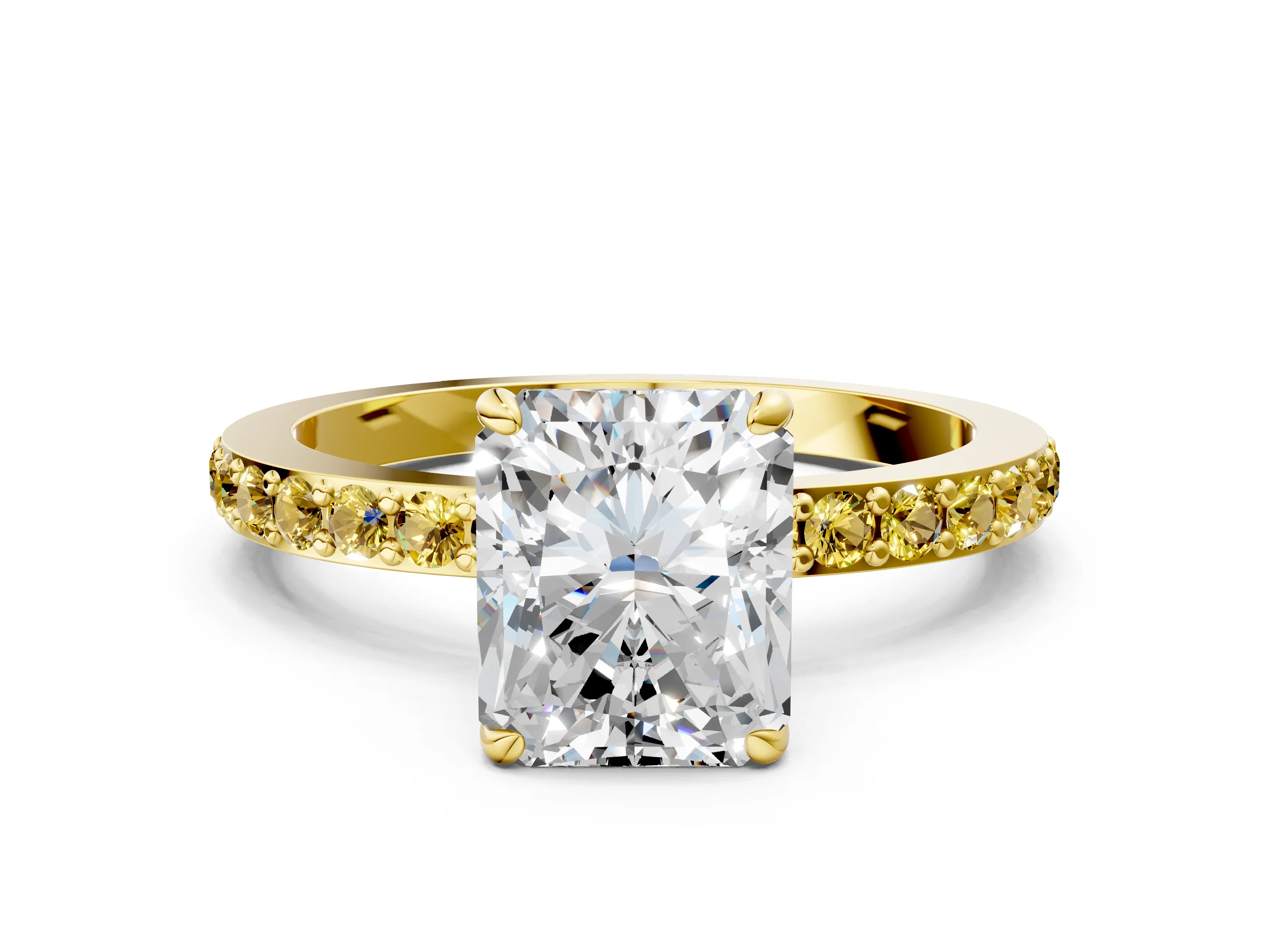 Yellow gold Radiant Cut Diamond Pavé Engagement Ring with Round with Yellow Sapphire side stone Accents and Prong Setting