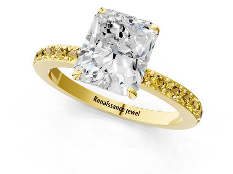 Yellow gold Radiant Cut Diamond Pavé Engagement Ring with Round with Yellow Sapphire side stone Accents and Prong Setting_1