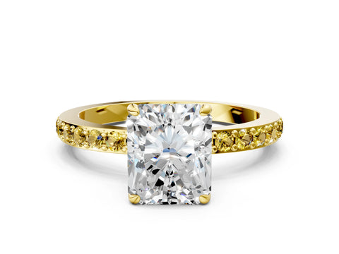 Yellow gold Radiant Cut Diamond Pavé Engagement Ring with Round with Yellow Sapphire side stone Accents and Prong Setting