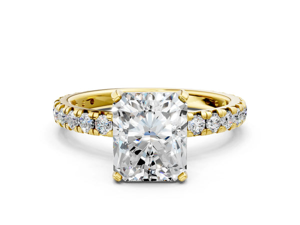 Yellow gold Radiant Cut Diamond Pavé Solitaire Ring with Round Band and Prong Setting