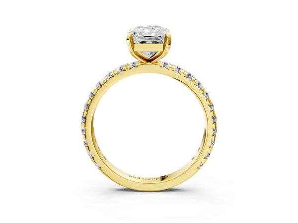 Yellow gold Radiant Cut Diamond Pavé Solitaire Ring with Round Band and Prong Setting