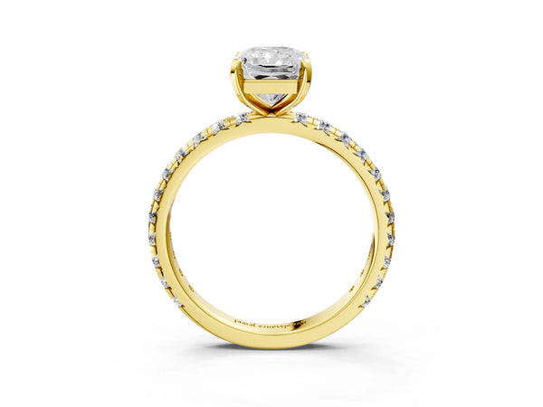 Yellow gold Radiant Cut Diamond Pavé Solitaire Ring with Round Band and Prong Setting