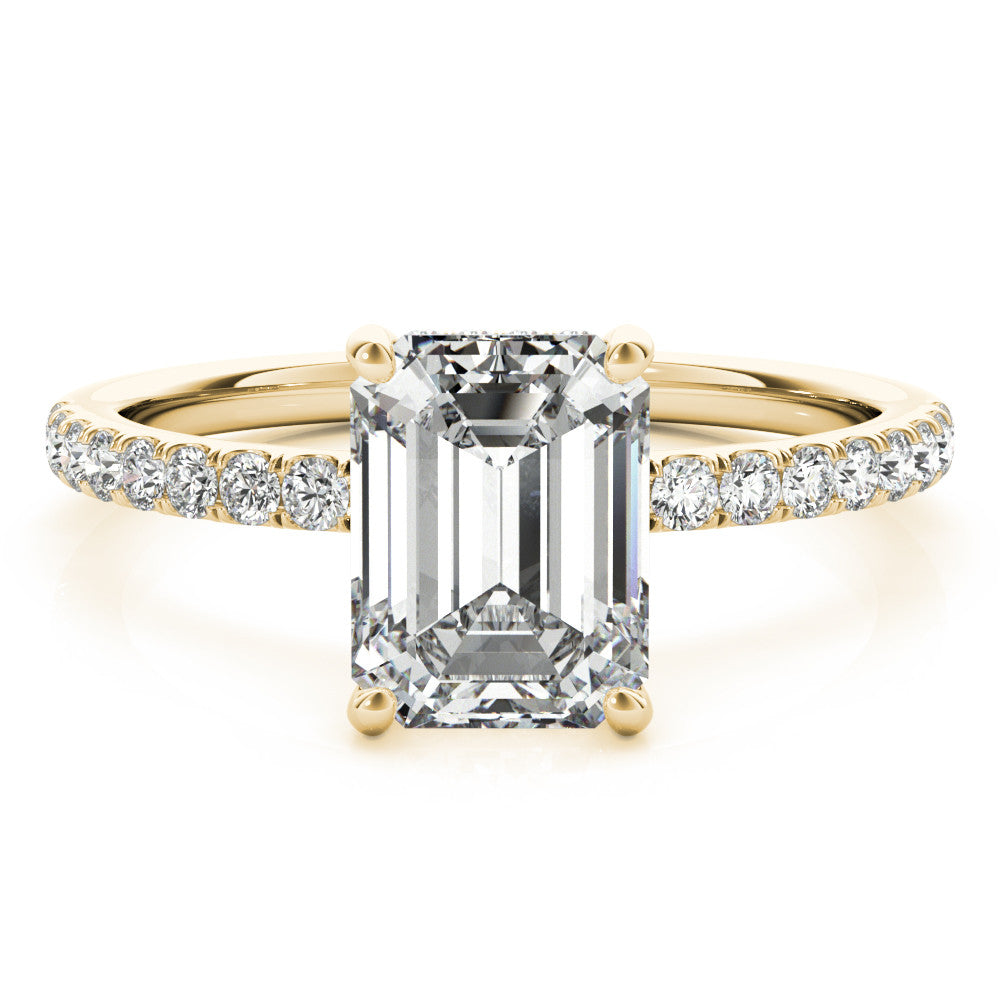 Yellow gold Radiant Cut Diamond Pave Band Solitaire Ring with Four-Prong Setting