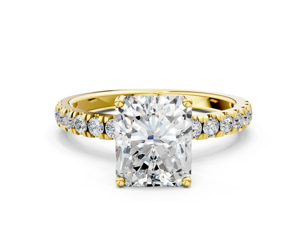 Yellow gold Radiant Cut Diamond Pave Band Solitaire Ring with Round  and Prong Setting